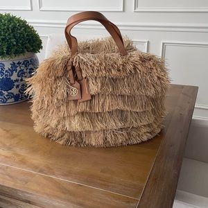 Tory Burch raffia fringe tote
